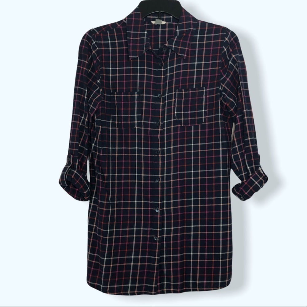Fossil Plaid Tab-Sleeve Button Down Top Sz Sm